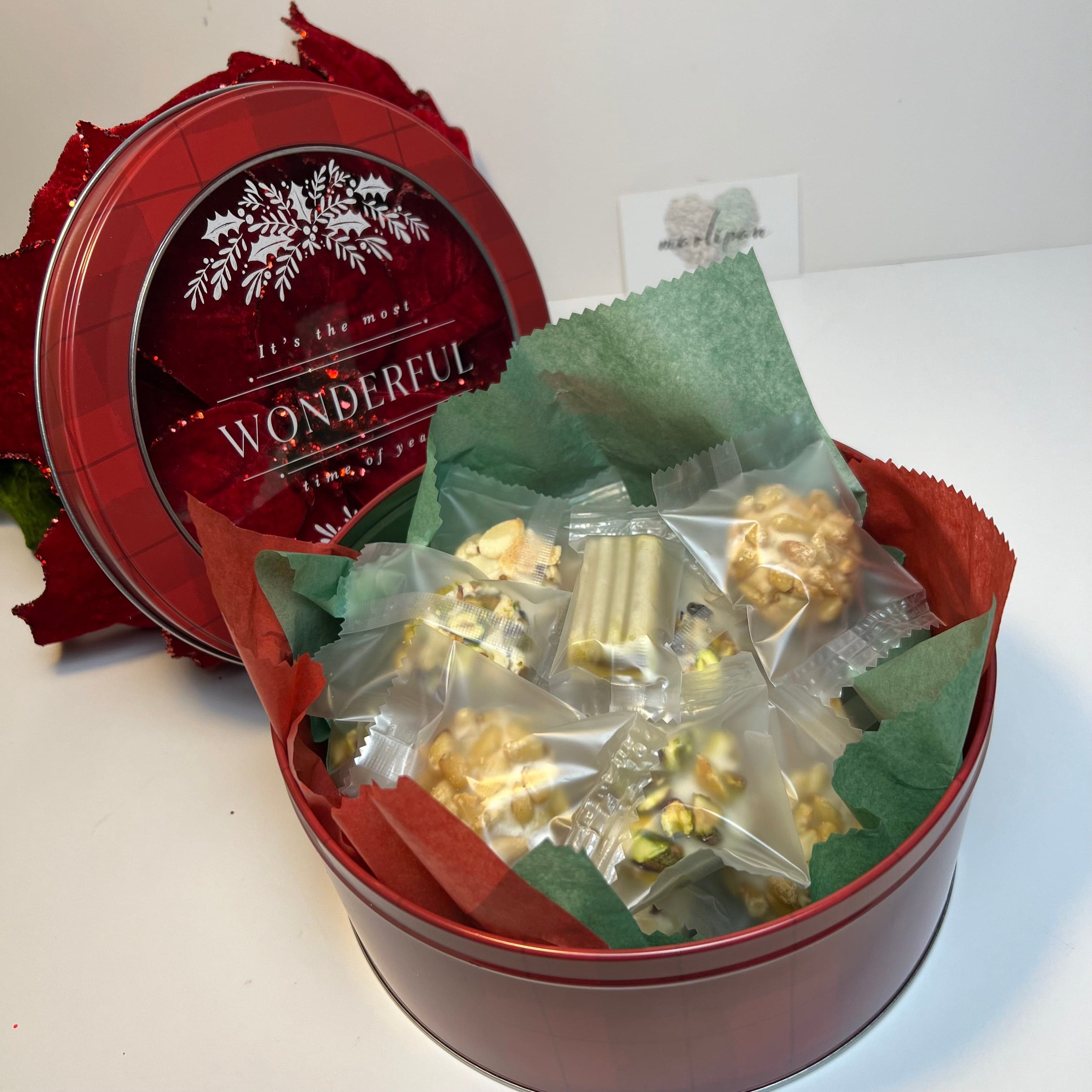 Holiday Mix X, a large gift box with marzipan fingers and biscuit bubbles