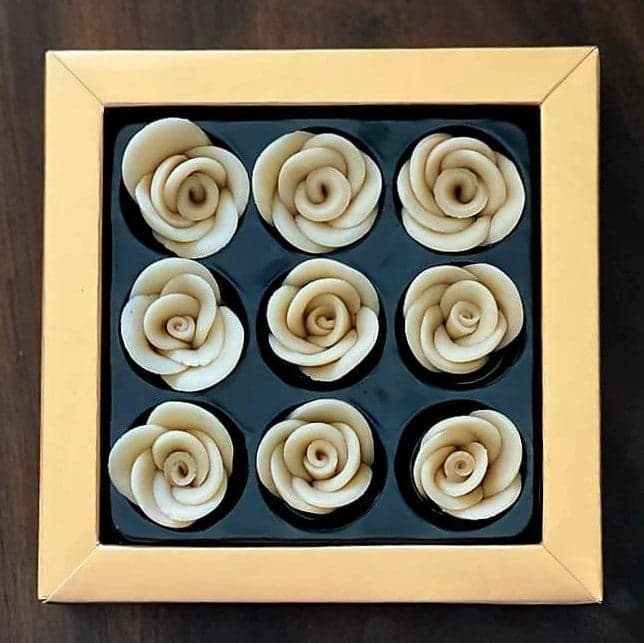 Handcrafted marzipan roses in a gift box