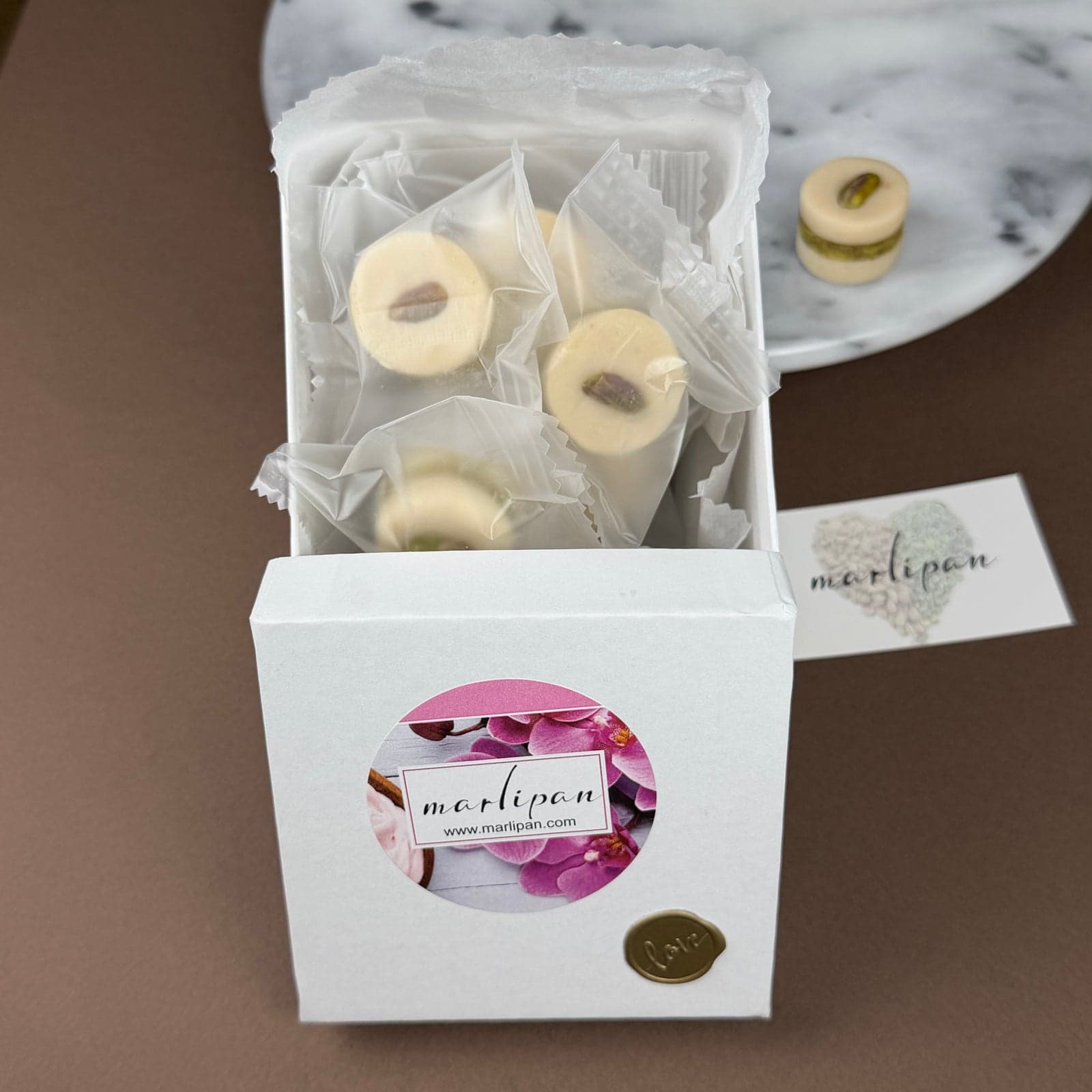 Pistachio nest marzipan arranged in a gift box